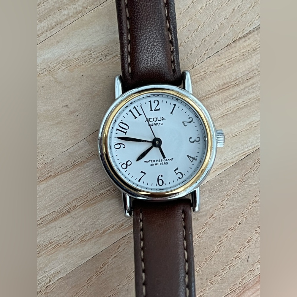 Acqua Ladies Watch Vintage Two Tone Case Brown Leather Strap White Dial